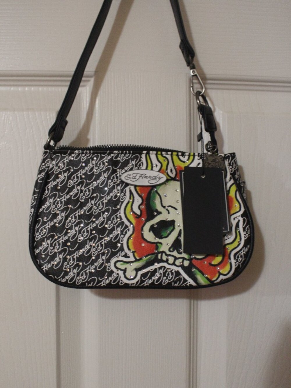 Ed Hardy Rhinestone Flaming Skull Shoulder Bag